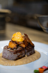 Grilled Beef Steak with Chanterelle Mushrooms on Sauce