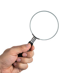 Human hand holding a magnifying glass, viewed close-up against a black background