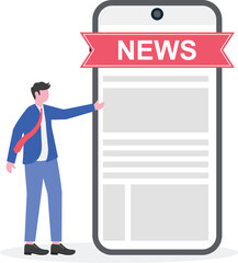 Businessman placing a board with text news on a newspaper containing candlestick illustration of stock index market update
