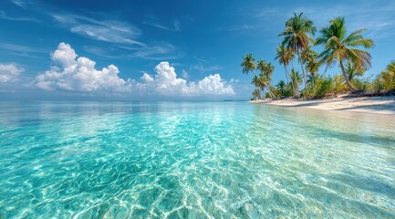 Fototapeta premium Tropical beach, turquoise water, palm trees, bright sky