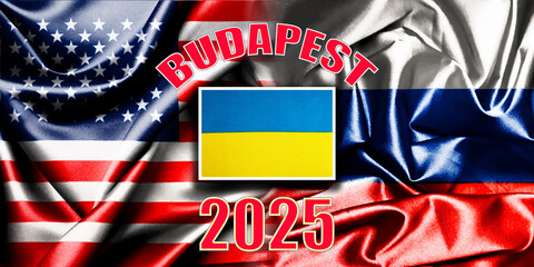 National flags of Russia, the USA, and Ukraine. Budapest Summit 2025. Flags.