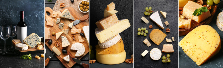 Different types of tasty cheese, nuts and grapes on light background