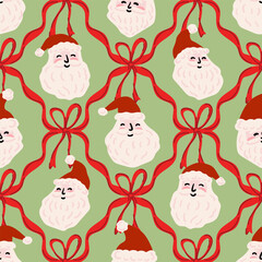 Christmas Santa Claus face preppy coquette bows seamless pattern for wrap, textile