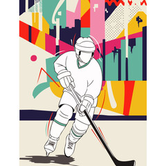 A dynamic ice hockey player skates with a stick and puck, vibrantly illustrated against a colorful abstract background, capturing the sport's energy and skill.