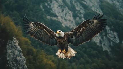 Fototapeta premium Majestic bald eagle soaring through mountainous landscape wildlife nature photography capture beauty