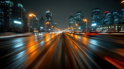 Fototapeta premium A dynamic night cityscape featuring illuminated buildings and a blurred road, conveying a sense of speed and urban energy.