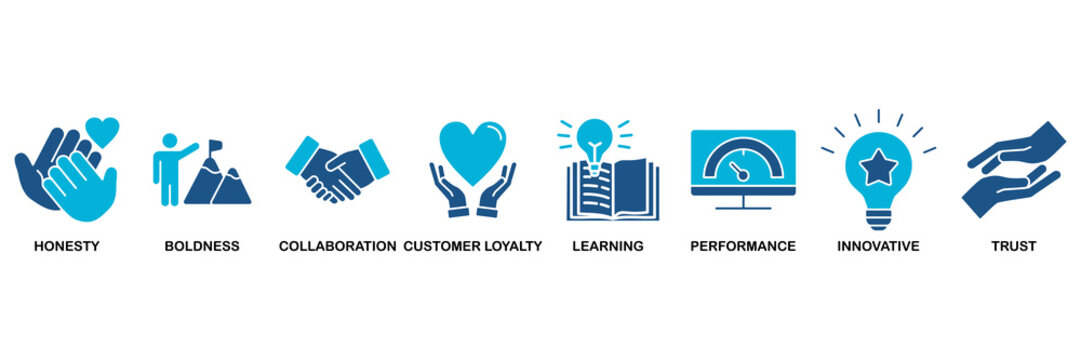 Company values icon set vector illustration concept for honesty, boldness, collaboration, customer loyalty, learning, performance, innovative, trust