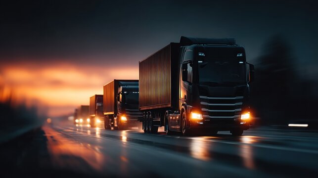 A convoy of trucks driving on a wet road at dusk, with headlights illuminating the dark surroundings and a dramatic sky.
