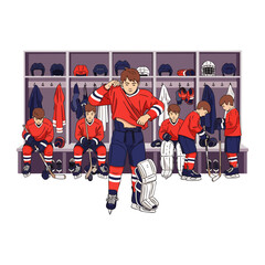 Obraz premium A group of young ice hockey players are diligently preparing for their game in a vibrant locker room, donning their uniforms and gear with focus.