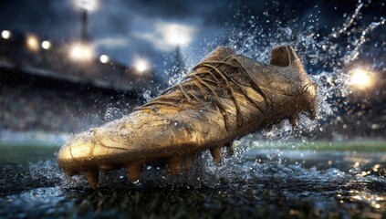 Fototapeta premium A golden soccer cleat, muddy and wet, on a rain-slicked field at night. Stadium lights illuminate the scene