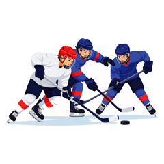 Three energetic ice hockey players in full gear skillfully compete for the puck during an intense game or practice session on the rink.