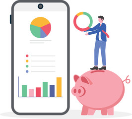 Businessman standing near a piggy bank arranging a chart on an app interface illustration of monitoring and analyzing financial business investment statistics
