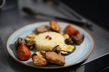 Grilled Meat with Rice and Vegetables