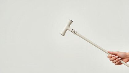 Hand holding a light-colored walking cane against a neutral background  