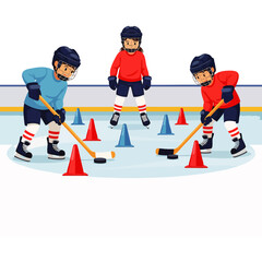 Fototapeta premium Young ice hockey players, two boys and a girl, enthusiastically practice stickhandling drills with pucks and cones on a vibrant ice rink, developing their game skills.