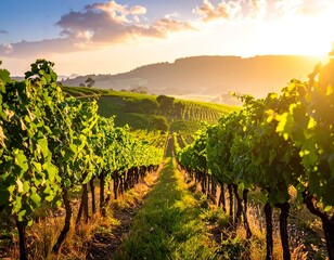 Naklejka premium A scenic view of a vineyard bathed in the warm glow of a sunset