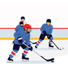 Dynamic ice hockey players in blue uniforms fiercely compete on a bright rink, showcasing teamwork and skill during an intense game or practice session.