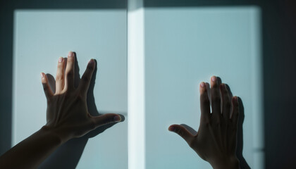 Hands reaching towards a light source on a soft blue background  