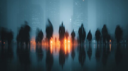 Obraz premium A misty urban scene with blurred silhouettes of people walking, illuminated by glowing lights from nearby buildings.