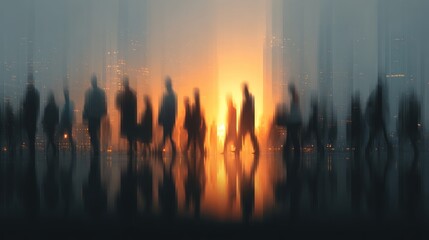 Fototapeta premium Silhouettes of people against a glowing sunset, creating a mysterious and dynamic urban scene.