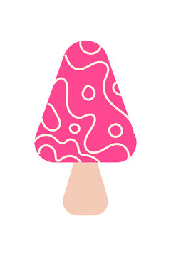 Colorful mushroom vector illustration with pink patterned cap. Modern minimal design for nature, botanical, psychedelic, seasonal and whimsical art projects. Isolated PNG on transparent background