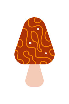 Colorful mushroom vector illustration with brown patterned cap. Modern minimal design for nature, botanical, psychedelic, seasonal and whimsical art projects. Isolated PNG on transparent background