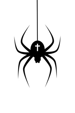 Black widow, garden spider PNG illustration with white cross on its back. Creepy Halloween insect symbol, venomous arachnid vector. ideal for horror designs, spooky decor, and October-themed graphics