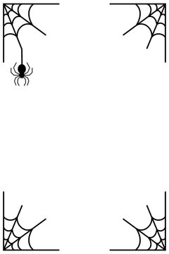 Black spider web corner frame with hanging black spider. Halloween border design in black and white for spooky invitations, certificates, party decorations, and October holiday designs. High-res PNG