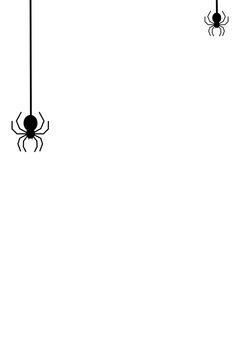 Two black spiders hanging on silk threads from opposite corners. Simple Halloween decoration silhouettes in black and white for spooky designs, invitations, and October holiday themes. High-res PNG