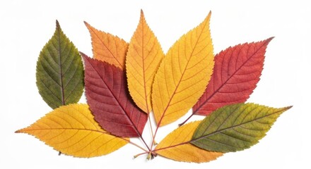 Fototapeta premium Array of autumn leaves in warm colors, isolated against a white background