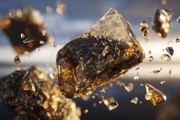 Golden crystalline shards, suspended in mid-air, against a softly lit, cloudy sky