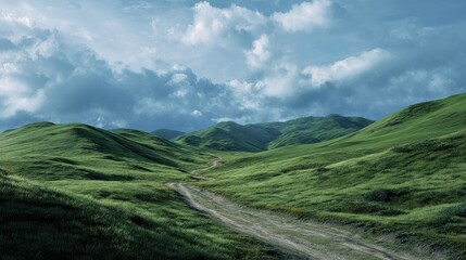 Fototapeta premium winding dirt road through rolling green hills under a cloudy blue sky landscape view