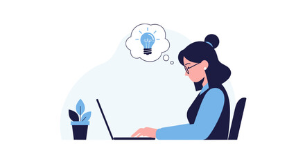 Business idea concept Woman working on laptop with lightbulb visualization