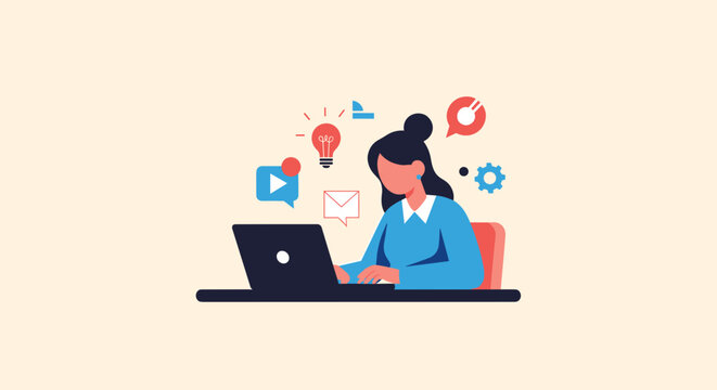 Woman working digitally handling ideas email and social media content