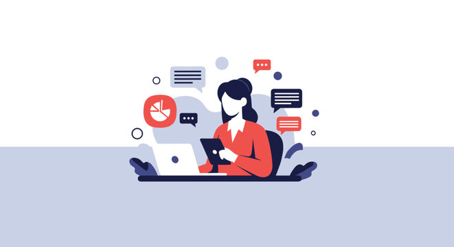 Woman multitasking with laptop and tablet managing communications and data analysis