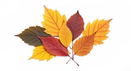 Fototapeta premium Autumn Cluster of colorful tree leaves with visible veins on a white surface