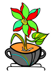 Vibrant Hand-Drawn Stylized Flower in Decorative Pot, Colorful Indoor Plant Art Vector Illustration