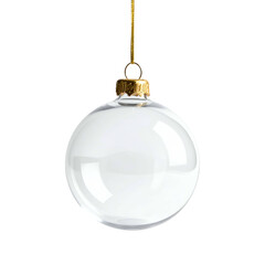 Clear, round ornament hanging from gold string on a black background