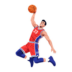 Naklejka premium Athlete Mid-Air Dunk Vector Illustration of Basketball Player Performing Slam Dunk in Red Uniform