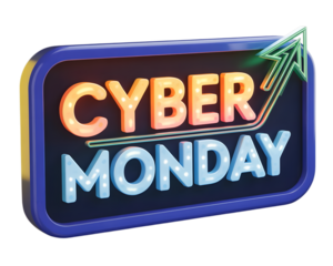 Cyber monday neon sign with upward trending arrow isolated on transparent background