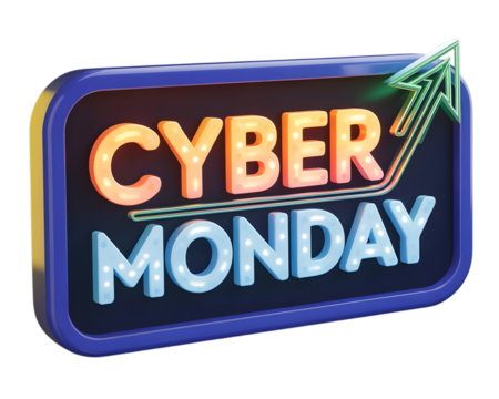 Cyber monday neon sign with upward trending arrow isolated on transparent background