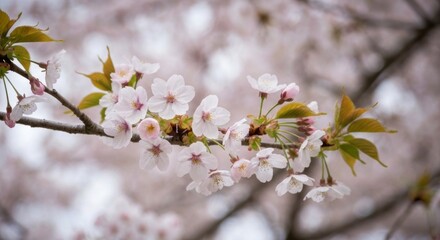 Fototapeta premium Branch of cherry blossoms in bloom, soft focus pink and white floral background