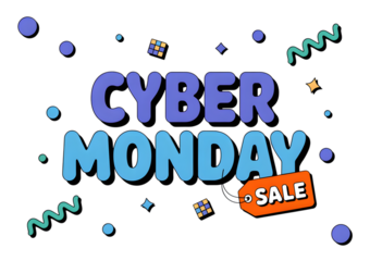 Cyber monday sale text with playful elements isolated on transparent background