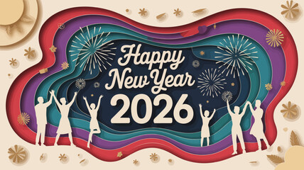 Joyful silhouettes of people celebrating the arrival of the new year 2026 with fireworks and festive decorations