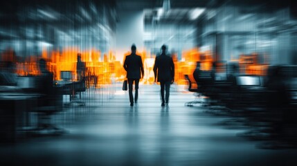 Fototapeta premium A blurred scene of two figures walking through a modern office, illuminated by orange light, creating a dynamic and energetic atmosphere.