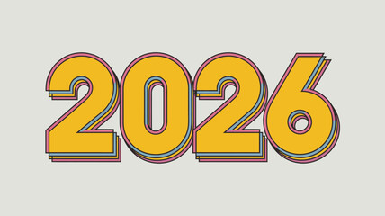 Bold retro style yellow numbers 2026 with colorful outline and shadow creating a vibrant vintage feel for the new year