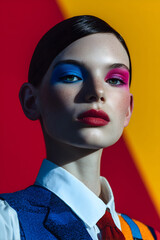 High-Fashion Portrait with Bold Color-Blocked Blue and Pink Eyeshadow, Red Lipstick, and Vibrant Primary Background