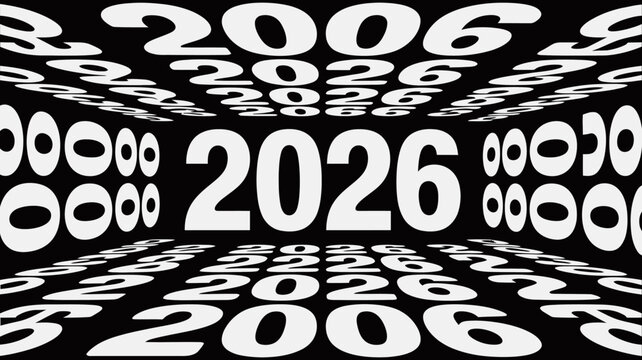 Perspective tunnel of repeating numbers 2026 and 2006 creating a futuristic abstract background with a sense of depth and time
