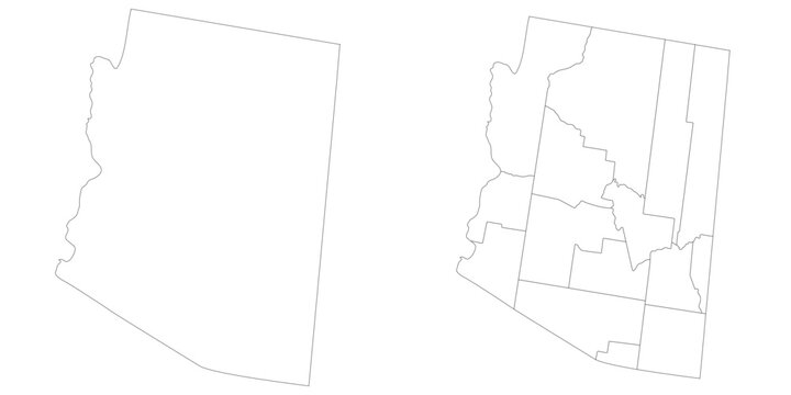 Arizona state counties map set. Map of the US state of Arizona with city in set white color.