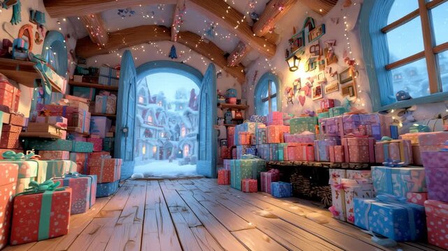 Entering Santa's cozy workshop overflowing with magical gifts, looking out on a snowy North Pole village &mdash; a whimsical Christmas Eve scene.